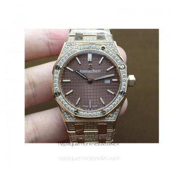 Replika Audemars Piguet Royal Oak 67651 Damen Roségold Diamanten Braunes Zifferblatt