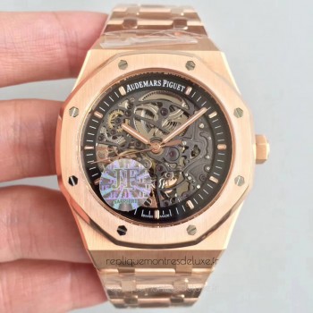 Replik-Uhr Audemars Piguet Royal Oak Double Balance Wheel Openworked 15407 Roségold Schwarz Skelett-Wählscheibe