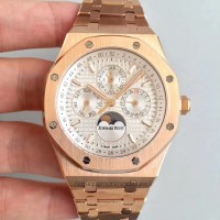 Replika Audemars Piguet Royal Oak Perpetual Calendar 41MM 26574OR.OO.1220OR.01 Roségold Silbernes Zifferblatt