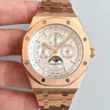 Replika Audemars Piguet Royal Oak Perpetual Calendar 41MM 26574OR.OO.1220OR.01 Roségold Silbernes Zifferblatt