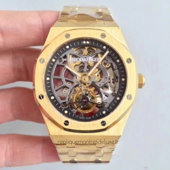 Replika Audemars Piguet Royal Oak Tourbillon Extra-Plate Squelette 26518 Gelbgold Schwarz Skelett-Wählscheibe