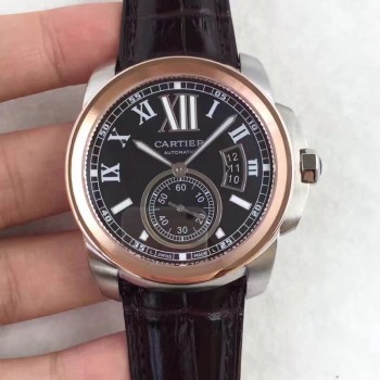 Replik-Uhr Calibre De Cartier W7100039 42MM Rostfreier Stahl & Roségold Schwarzes Zifferblatt