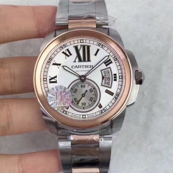 Replik-Uhr Calibre De Cartier W7100036 42MM Rostfreier Stahl & Roségold WeiBes Zifferblatt