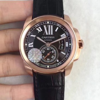 Replik-Uhr Calibre De Cartier W7100039 42MM Roségold Schwarzes Zifferblatt