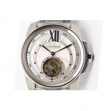 Replik-Uhr Calibre de Cartier Tourbillon Rostfreier Stahl WeiBes Zifferblatt Tourbillon 