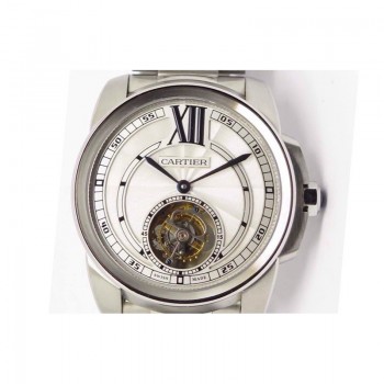 Replik-Uhr Calibre de Cartier Tourbillon Rostfreier Stahl WeiBes Zifferblatt Tourbillon 