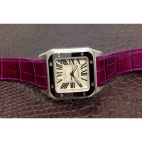 Replik-Uhr Cartier Santos 100 Midsize Rostfreier Stahl WeiBes Zifferblatt violett Leather Strap