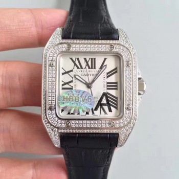 Replik-Uhr Cartier Santos 100 WM501751 Rostfreier Stahl & Diamanten Silbernes Zifferblatt