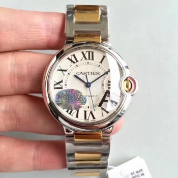 Replik-Uhr Ballon Bleu De Cartier Damen W6920047 36MM Rostfreier Stahl & Gelbgold Silbernes Zifferblatt