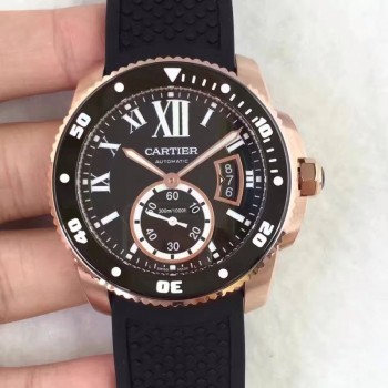 Replik-Uhr Calibre De Cartier Diver W7100052 42MM Roségold Schwarzes Zifferblatt