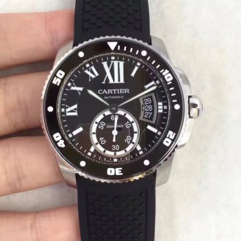 Replik-Uhr Calibre De Cartier Diver W7100056 42MM Rostfreier Stahl Schwarzes Zifferblatt