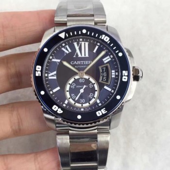 Replik-Uhr Calibre De Cartier Diver W7100057 42MM Rostfreier Stahl Blaues Zifferblatt