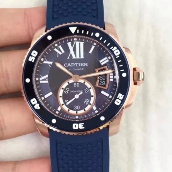 Replik-Uhr Calibre De Cartier Diver WGCA0010 42MM Roségold Blaues Zifferblatt