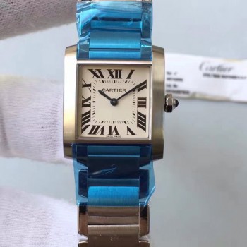 Replik-Uhr Cartier Tank Francaise Damen WSTA0005 25MM x 30MM Rostfreier Stahl WeiBes Zifferblatt Quarz 