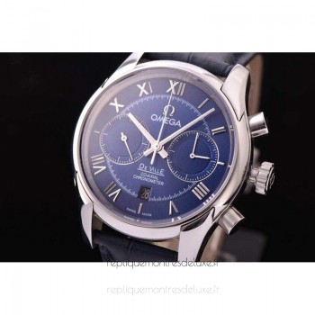 Replik-Uhr Omega De Ville 42MM Chronograph Rostfreier Stahl Blaues Zifferblatt 