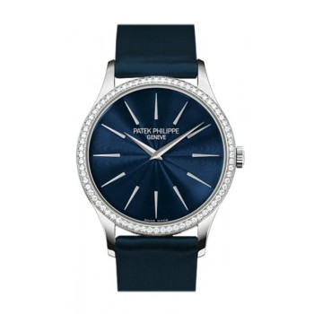 Replik Patek Philippe Calatrava Blue Dial Diamond 18kt Weißgold Damenuhr