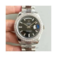 Replik-Uhr Rolex Day-Date 40 228349RBR 40MM Rostfreier Stahl & Diamanten Schwarzes Zifferblatt