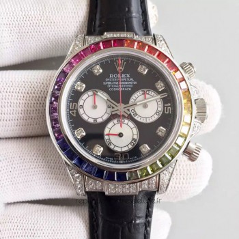 Replik-Uhr Rolex Daytona Cosmograph 116599 Rainbow Rostfreier Stahl & Diamanten Schwarzes Zifferblatt