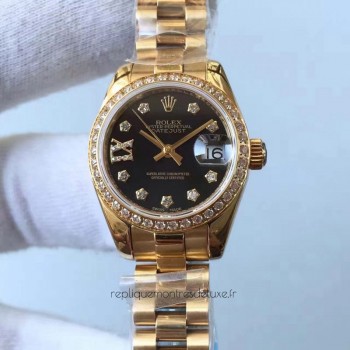 Replik-Uhr Rolex Lady Datejust 28 279138RBR 28MM Gelbgold & Diamanten Schwarzes Zifferblatt