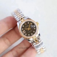 Replik-Uhr Rolex Lady Datejust 28 279383RBR 28MM Rostfreier Stahl & Gelbgold Schwarzes Zifferblatt