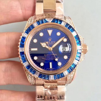 Replik-Uhr Rolex Submariner Date 116618LB Roségold & Diamanten Blaues Zifferblatt