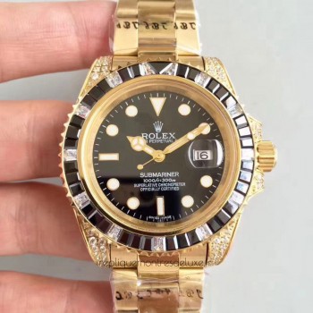 Replik-Uhr Rolex Submariner Date 116618LN Gelbgold & Diamanten Schwarzes Zifferblatt