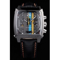 Replikat Tag Heuer Schweizer Monaco Schwarzes Lederband Blau-Gelb Gestreiftes schwarzes Zifferblatt