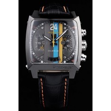 Replikat Tag Heuer Schweizer Monaco Schwarzes Lederband Blau-Gelb Gestreiftes schwarzes Zifferblatt