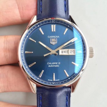 Replikat-Tag Heuer Carrera Kaliber 5 Tag-Datum 41MM WAR201E.FC6292 Blaues Edelstahl-Zifferblatt Kaliber 5 